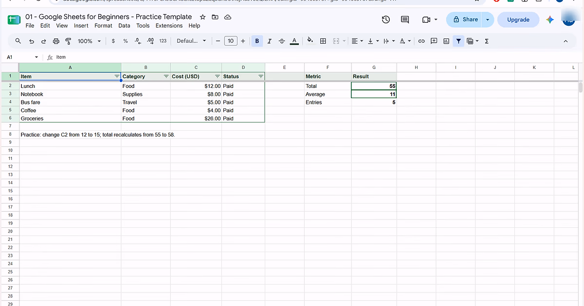 Full Google Sheets interface with the file title, menus, toolbar, expense tracker, frozen header, filters, summary and sheet tab.