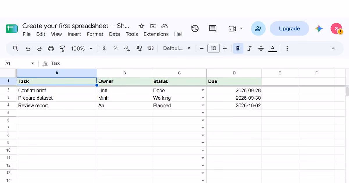 Google Sheets workbook titled Create your first spreadsheet — SheetsFlow practice with menus, toolbar, formula bar, Tasks grid and sheet tab visible.