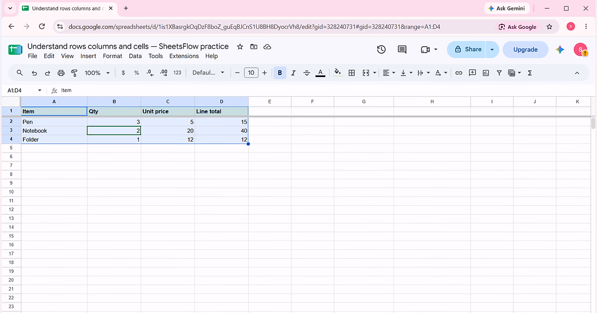 Google Sheets Example tab showing A1:D4 with headers Item, Qty, Unit price and Line total; the menu, formula bar and sheet tab are visible.