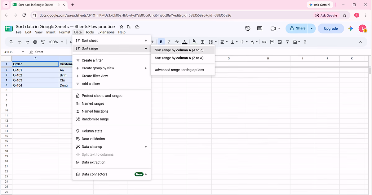 Google Sheets Data menu with Sort range expanded and Advanced range sorting options visible.