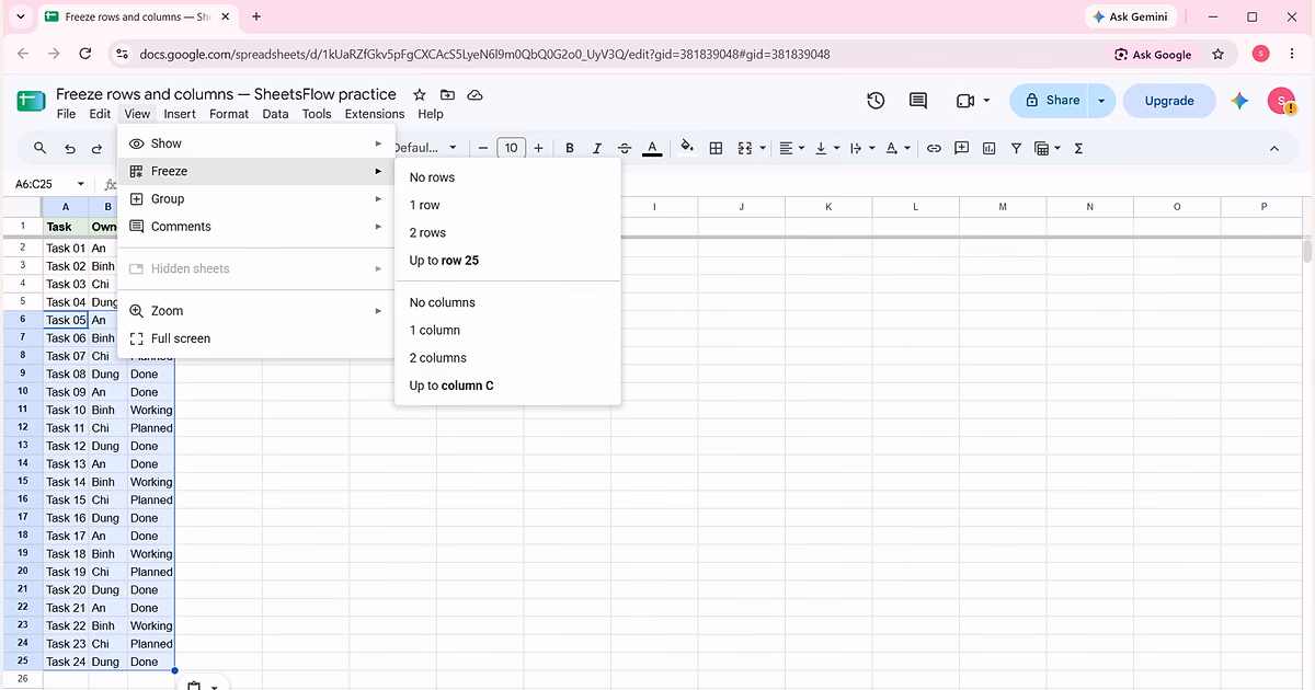 Google Sheets View menu open at Freeze, showing the controls used to freeze rows and columns.