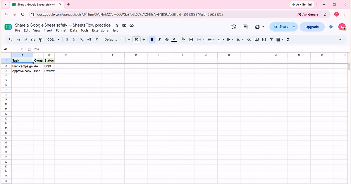 Google Sheets showing the complete A1:C3 team tracker before the Share dialog is opened.