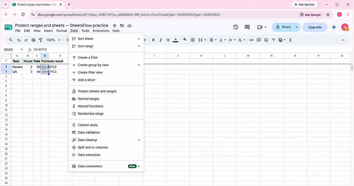 Google Sheets Data menu with Protect sheets and ranges visible while preparing to protect D2:D3.