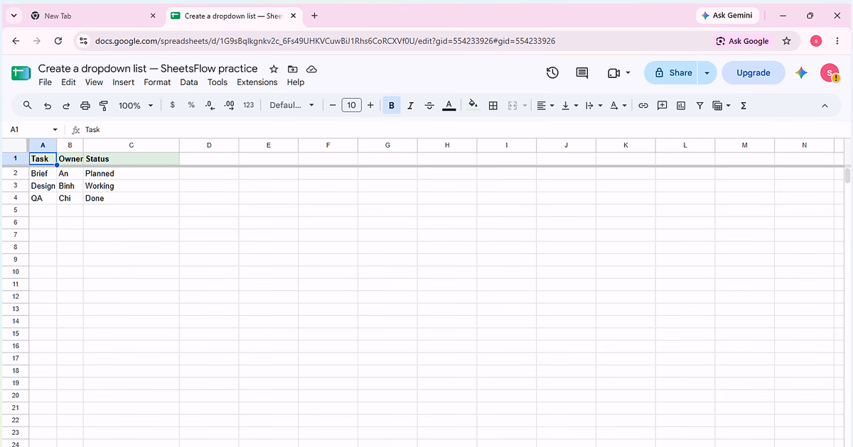 Google Sheets showing the complete A1:C4 task table before a dropdown rule is added.