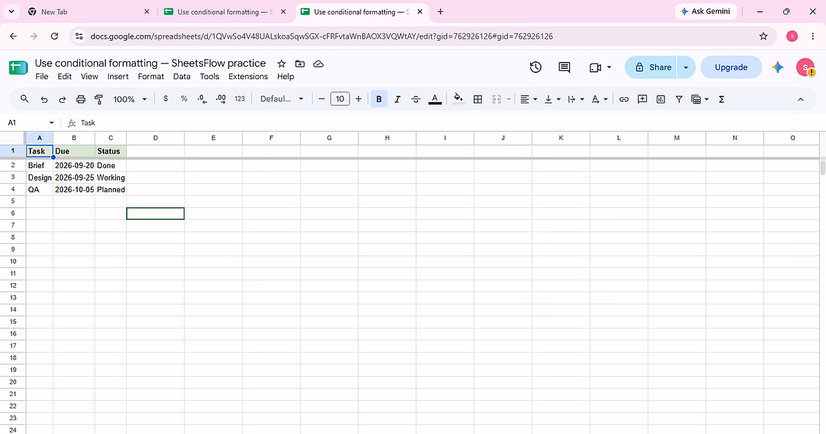 Google Sheets practice table before the conditional-formatting steps, with Task, Due and Status visible and no unrelated data on the sheet.