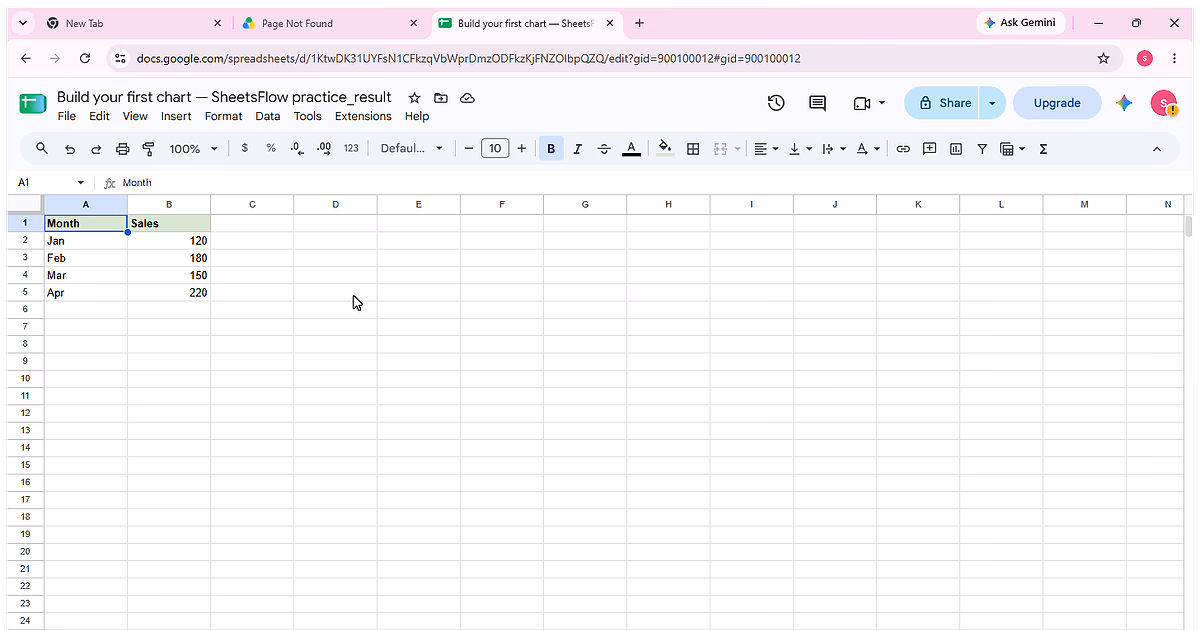 Complete Month and Sales source table in the _result workbook before creating the chart.
