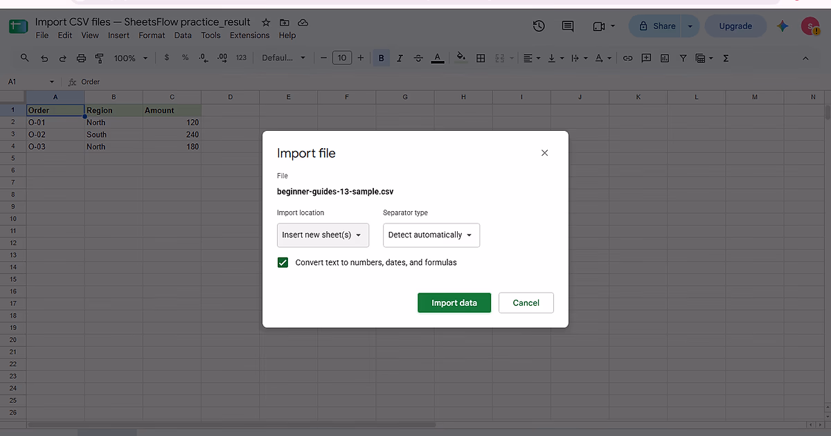 The Import file dialog shows the CSV, Import location = Insert new sheet(s), Separator type = Detect automatically, and the Import data button.
