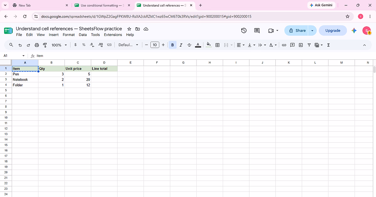 Initial Google Sheets dataset for Understand cell references, with the complete source data visible before the action.
