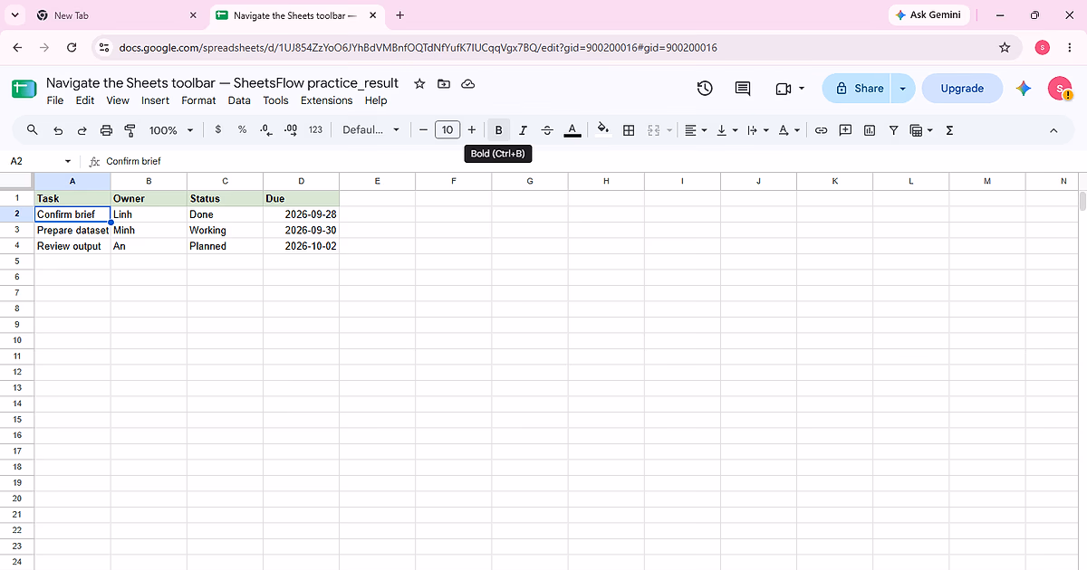 The pointer is directly on the Bold toolbar button while A2 is selected.