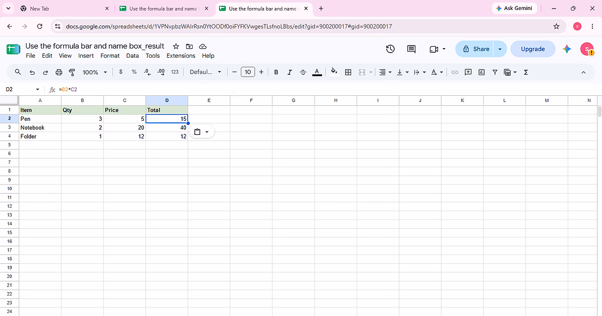 Cell D2 is selected; the name box shows D2, the formula bar shows =B2*C2, and the result is 15.