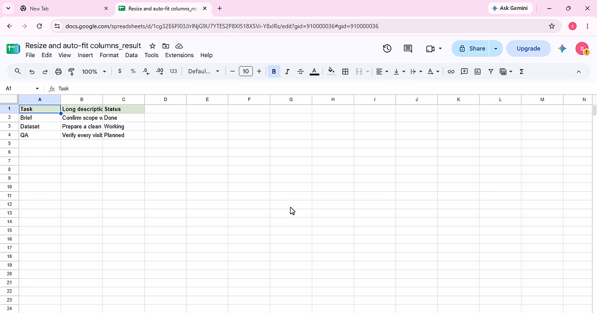 Before auto-fit: columns A:C with column B intentionally narrow and its longer descriptions clipped