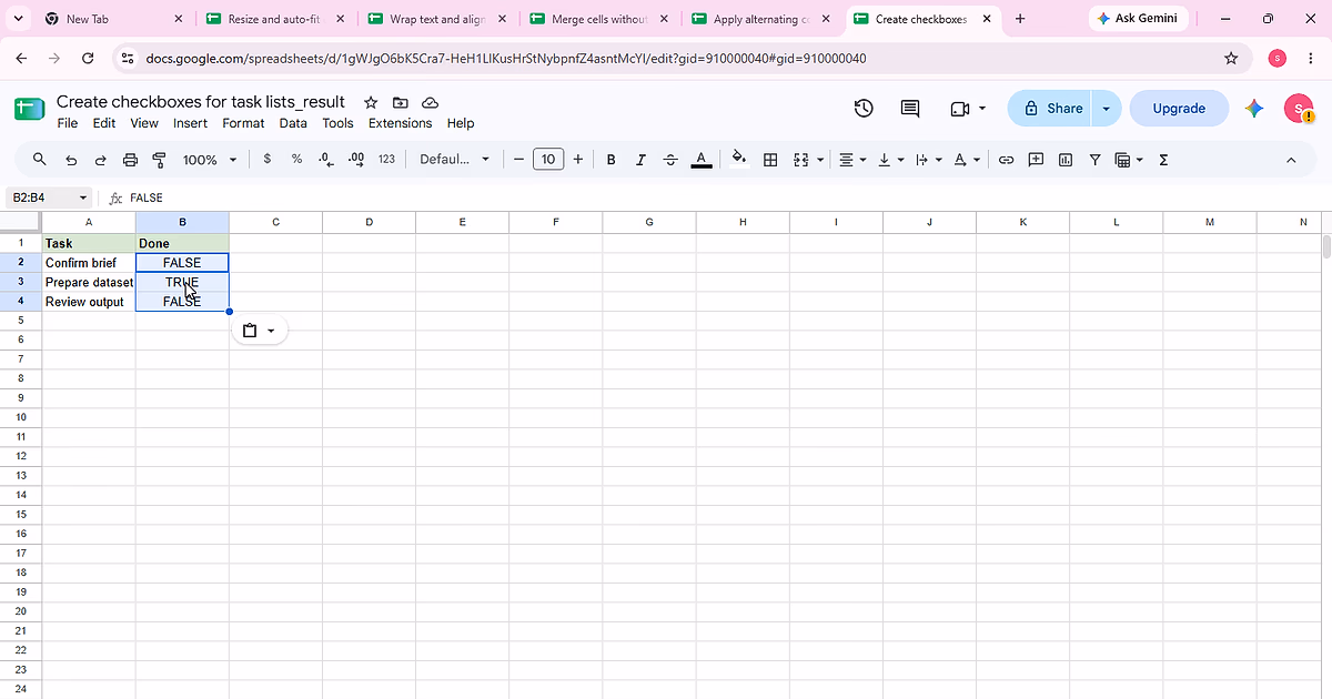 Checkbox evidence for step 1