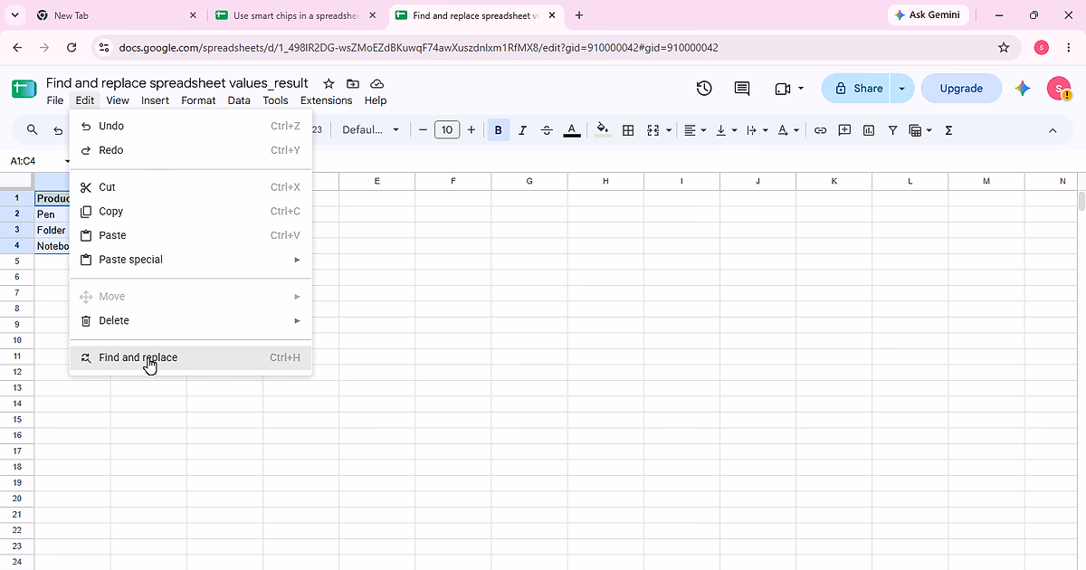 Find-and-replace evidence for step 1