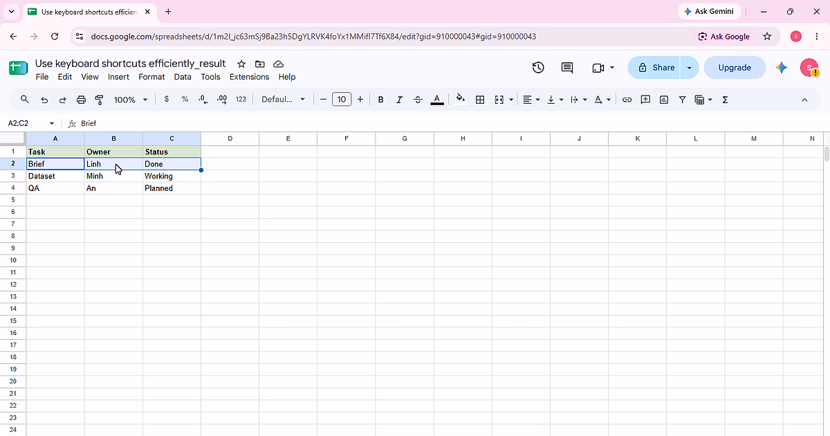 Keyboard-shortcut evidence for step 1