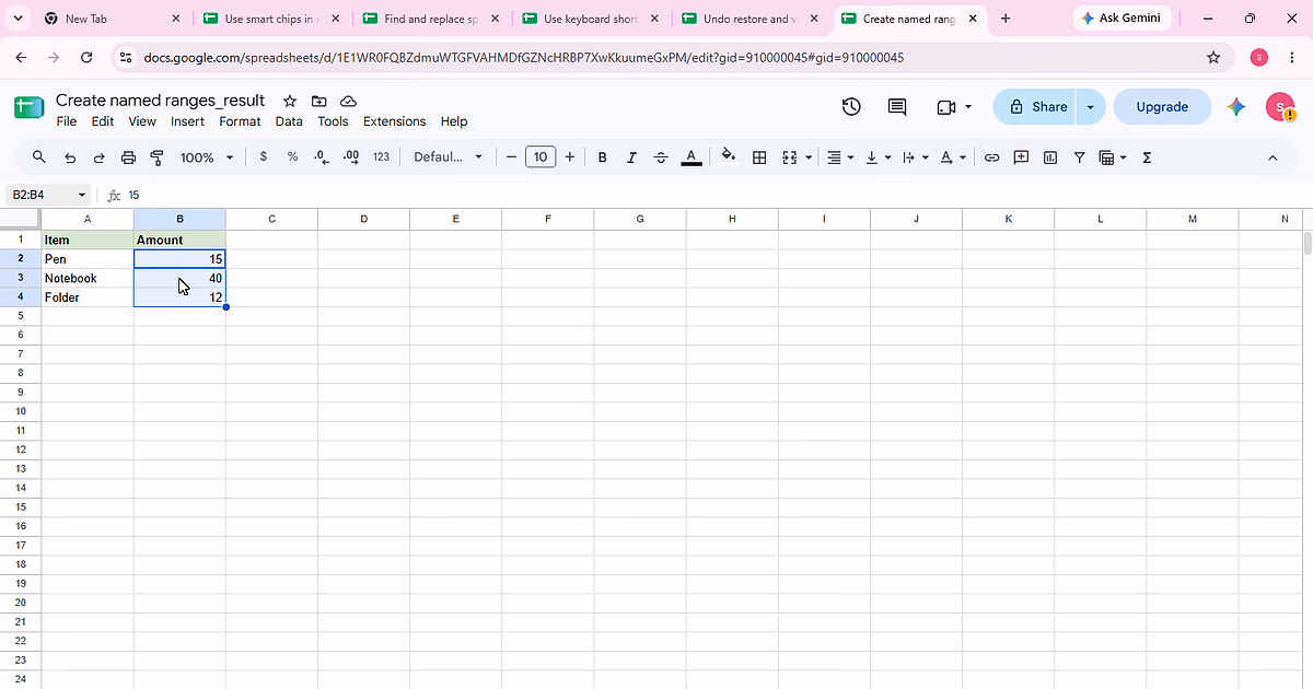 Cells B2:B4 selected in the Example sheet before creating the Amounts named range.