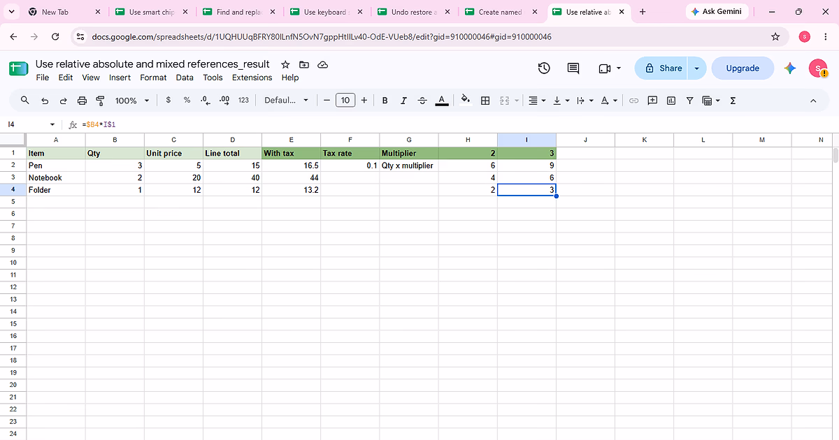 Cell I4 selected; the formula bar shows =$B4*I$1 to prove the copied mixed-reference behavior.