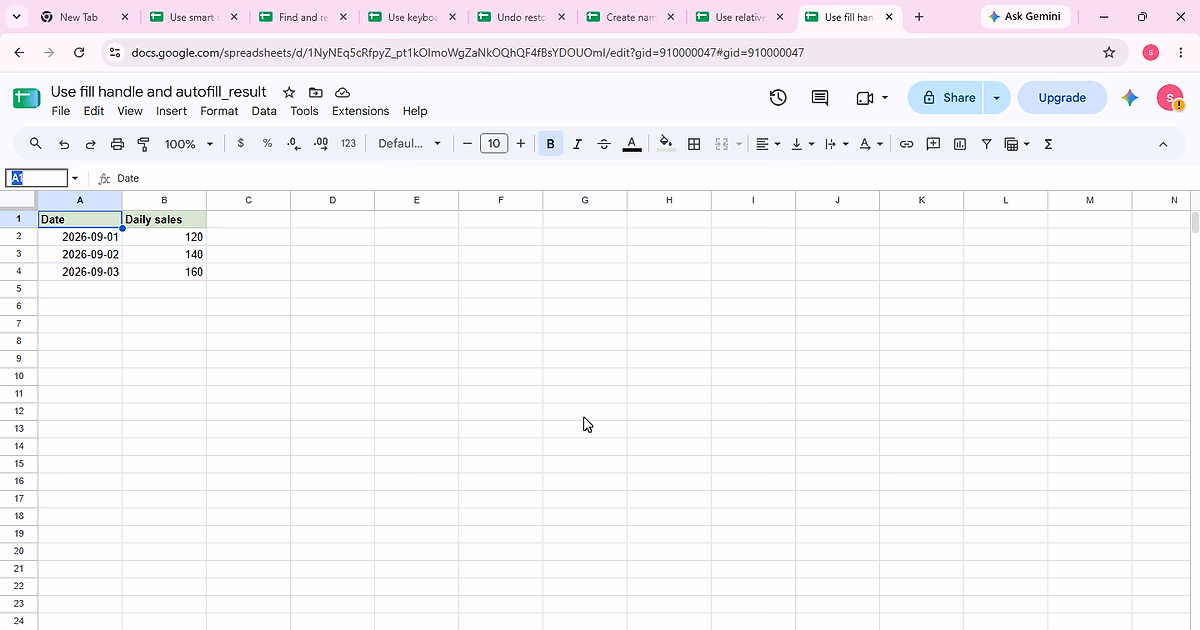 Initial A1:B4 table with Date and Daily sales before using the fill handle.