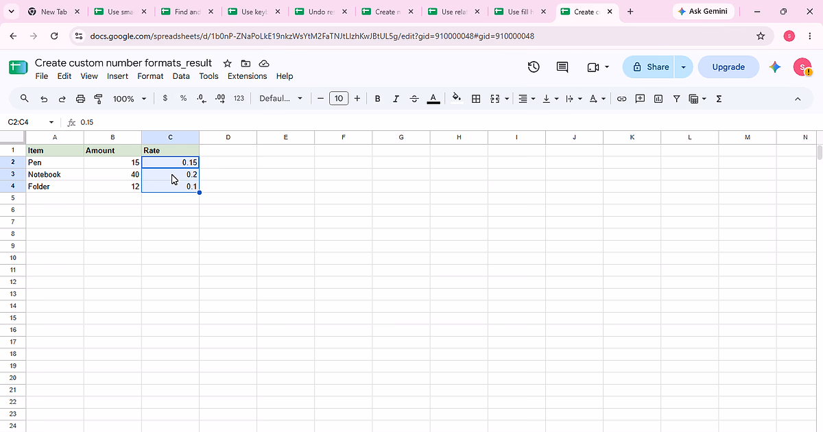 Range C2:C4 selected for applying the custom percentage format.