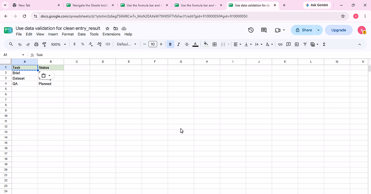 Initial Task and Status source data in the _result workbook.