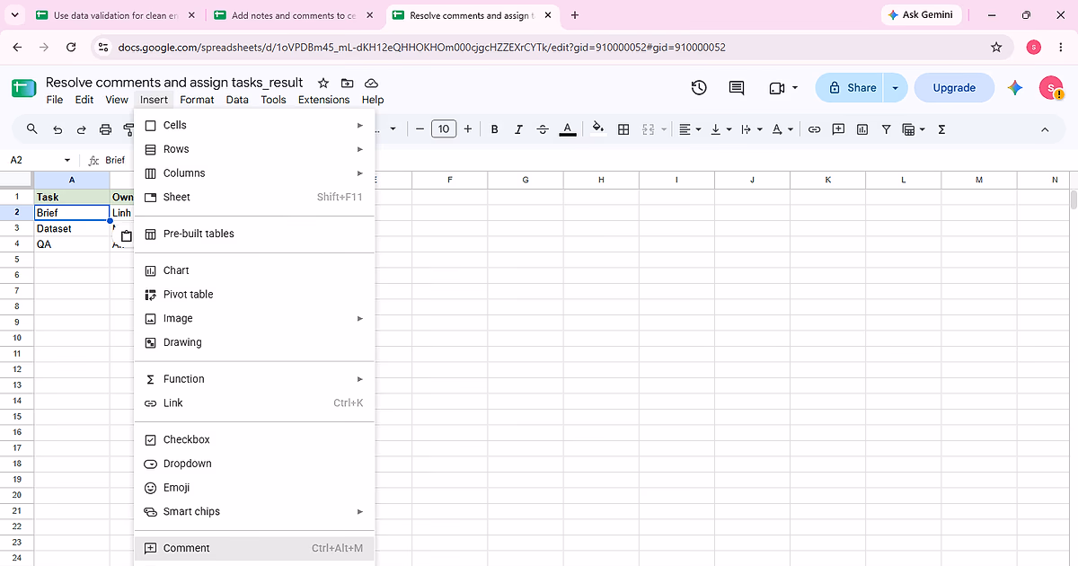 Verified assign/resolve comment evidence for step 1