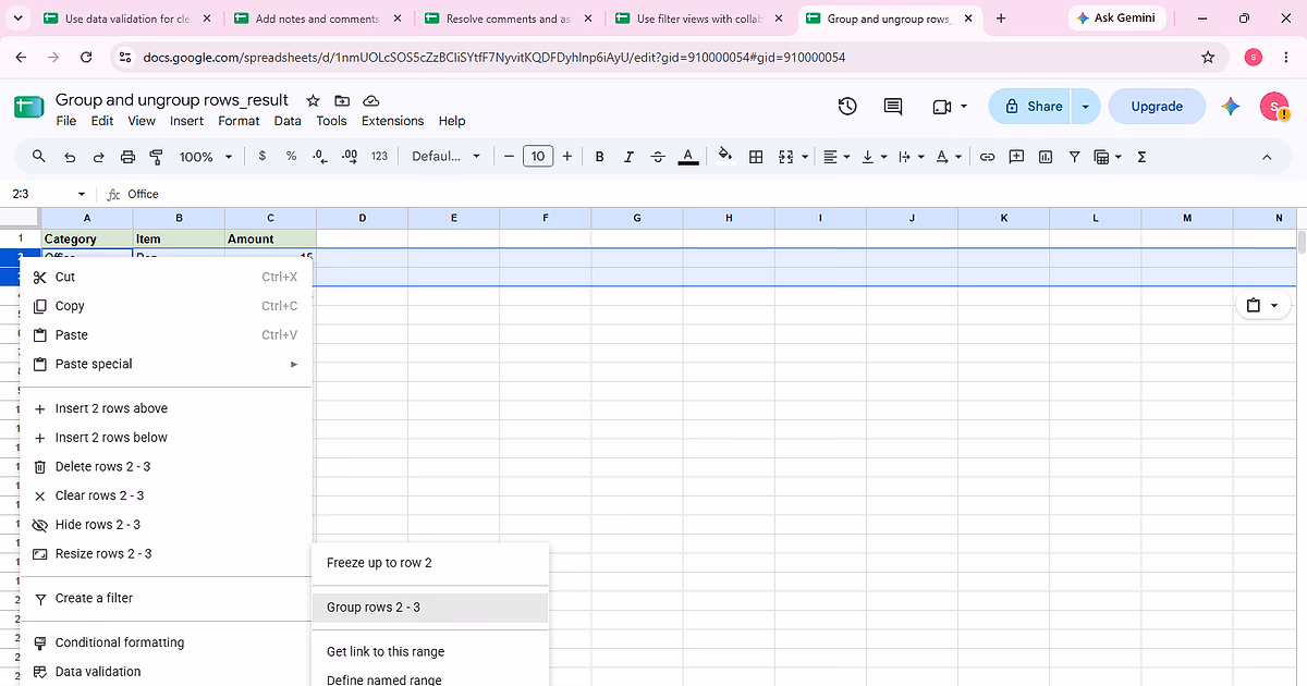 Verified group/ungroup rows evidence for step 1