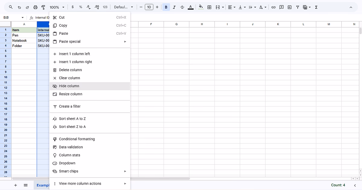 Verified hide/unhide-column evidence for step 1