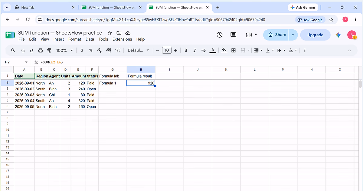 Google Sheets with H2 selected, the name box showing H2, the formula bar showing =SUM(E2:E6), the result 920 visible in H2, and the complete source table A1:F6 visible in the same frame.