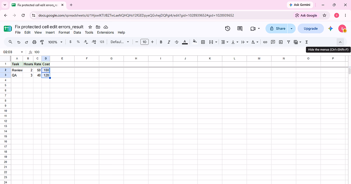 Google Sheets showing the full Task, Hours, Rate, Cost sample table used to diagnose a protected-cell edit problem.