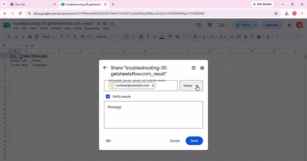 Pending sharing screen with Viewer selected and the cursor on the role dropdown; the invitation is unsent and the complete A1:C3 table remains visible.