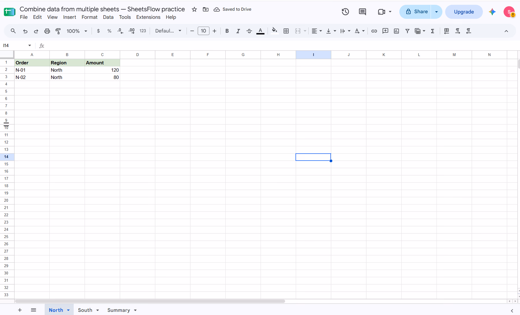 Tab North trong Google Sheets hiển thị Order, Region, Amount cùng hai dòng N-01 và N-02 trước khi gộp dữ liệu.
