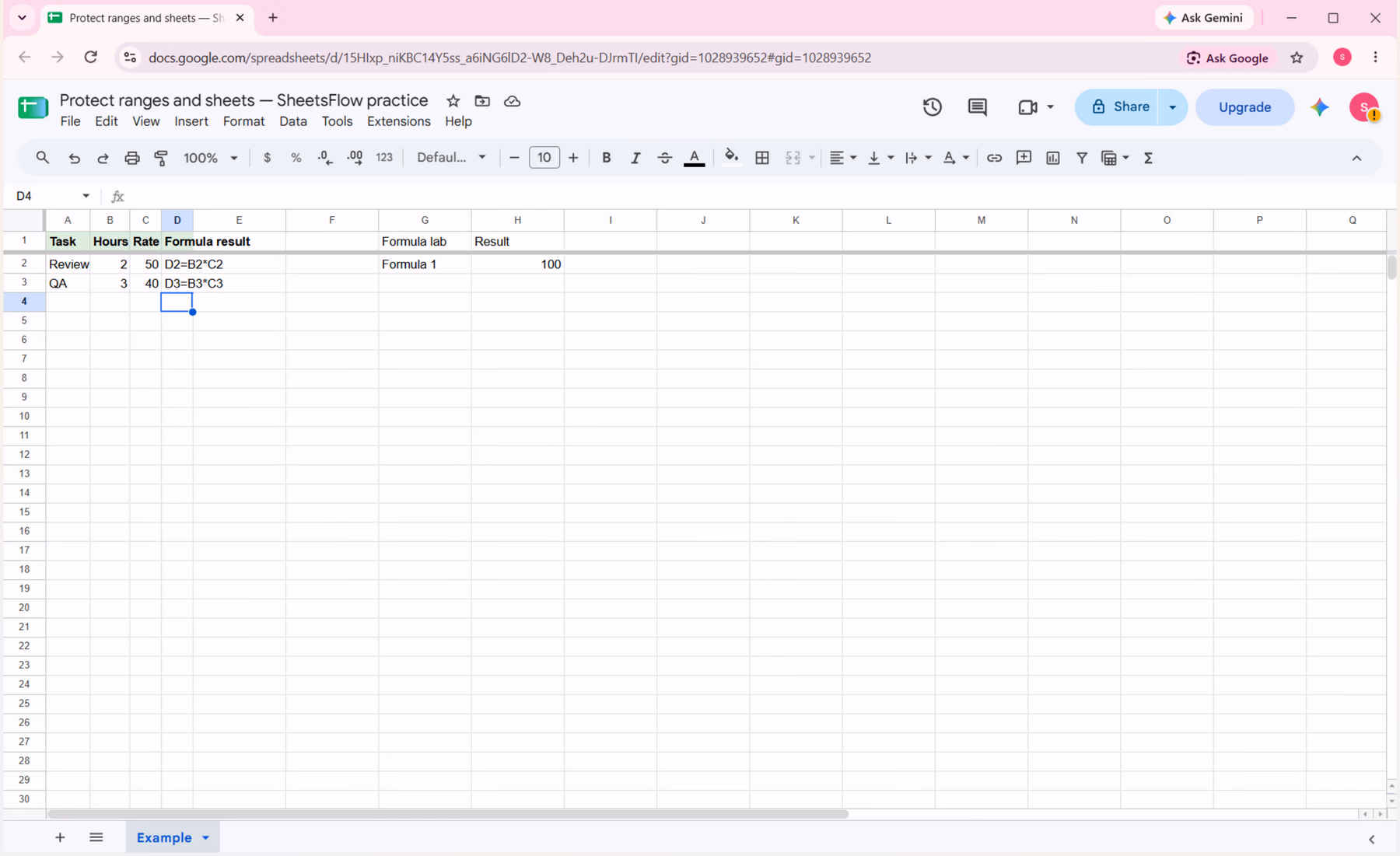 Google Sheets showing the full A1:D3 table with verified Cost results 100 and 120 after the formulas are entered.