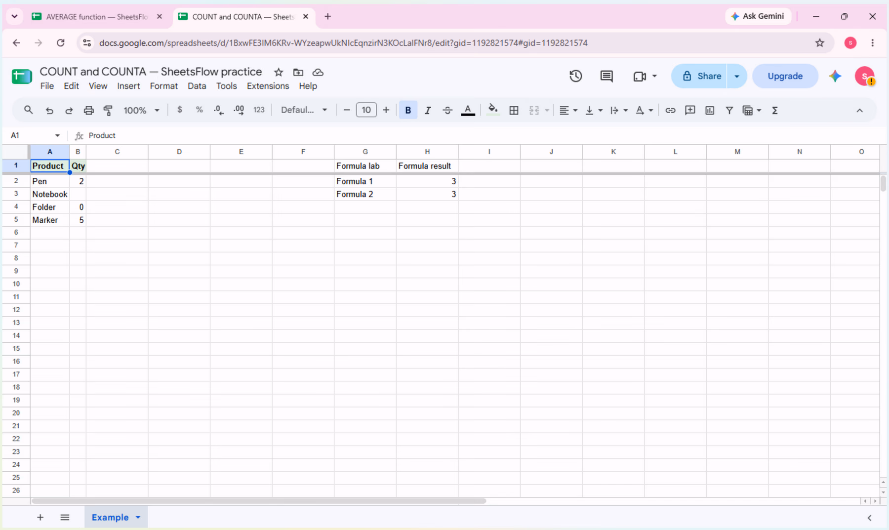 Google Sheets showing the complete Product and Qty source table plus the verified COUNT and COUNTA results, both equal to 3.