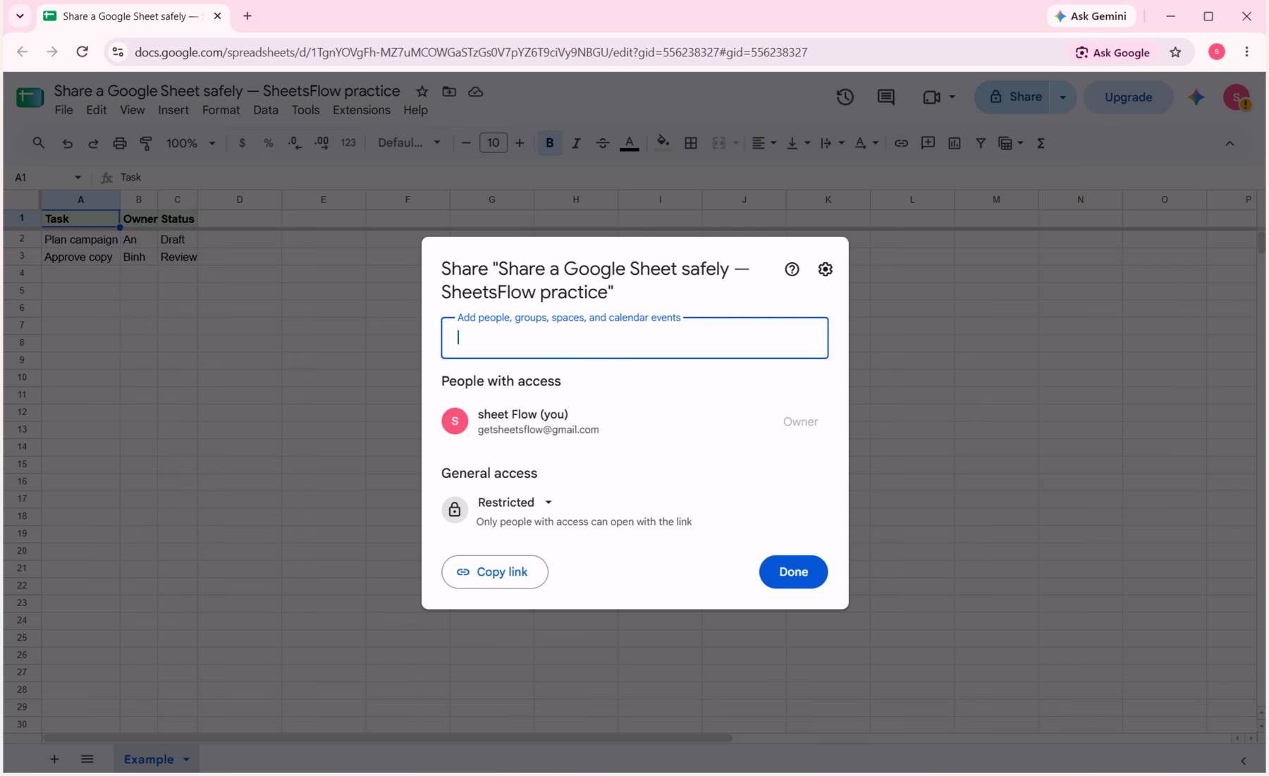 Google Sheets Share dialog showing the area for adding specific people and the current General access setting.