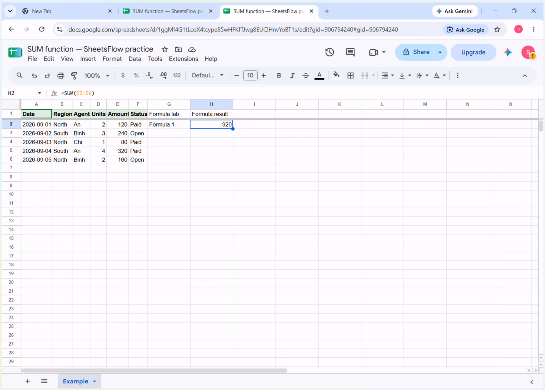 Google Sheets with H2 selected, the name box showing H2, the formula bar showing =SUM(E2:E6), the result 920 visible in H2, and the complete source table A1:F6 visible in the same frame.