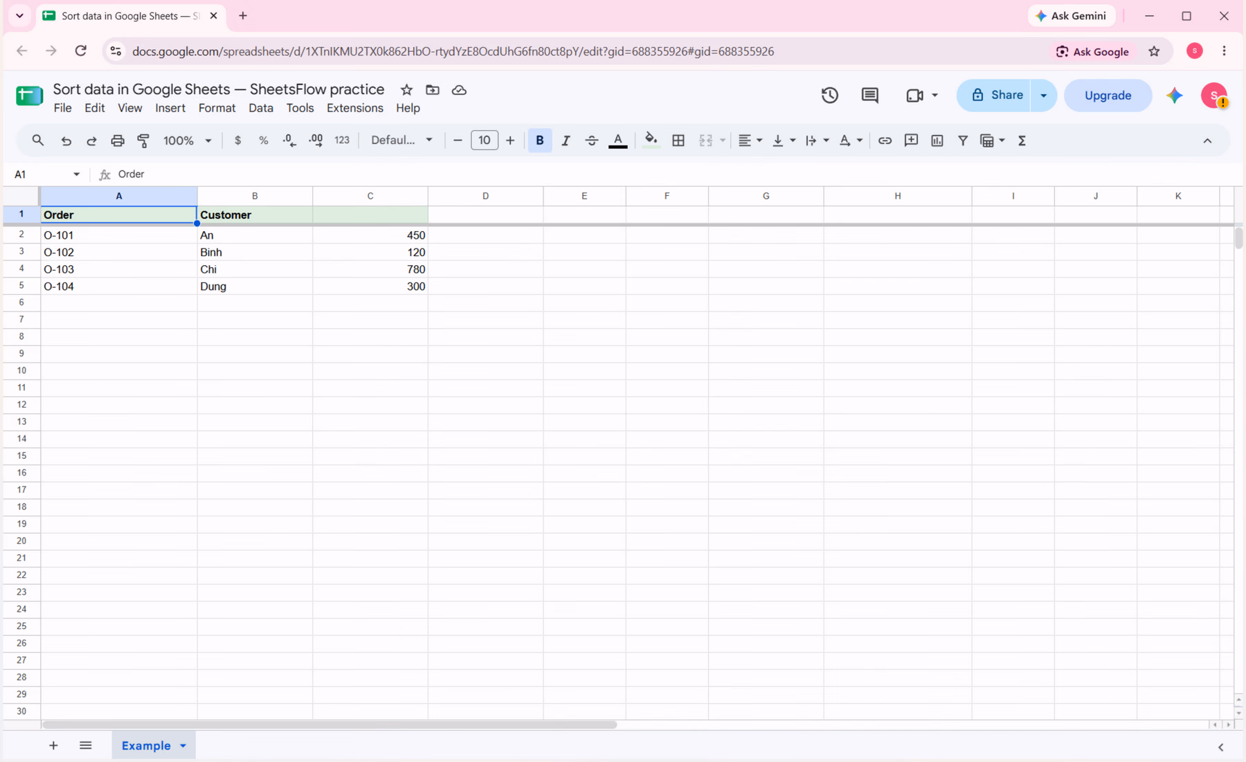 Initial Google Sheets table in A1:C5 with Order, Customer and Amount visible before sorting.