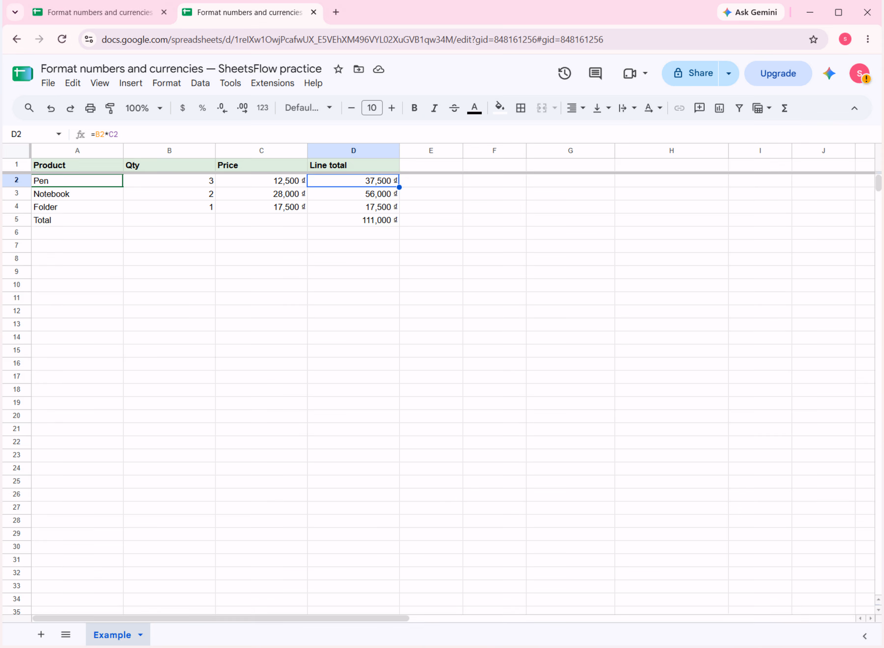 Giao diện Google Sheets hiển thị đầy đủ cột đầu vào A–C và ô D2 với công thức =B2*C2, kết quả 37,500 ₫ cùng các kết quả còn lại.