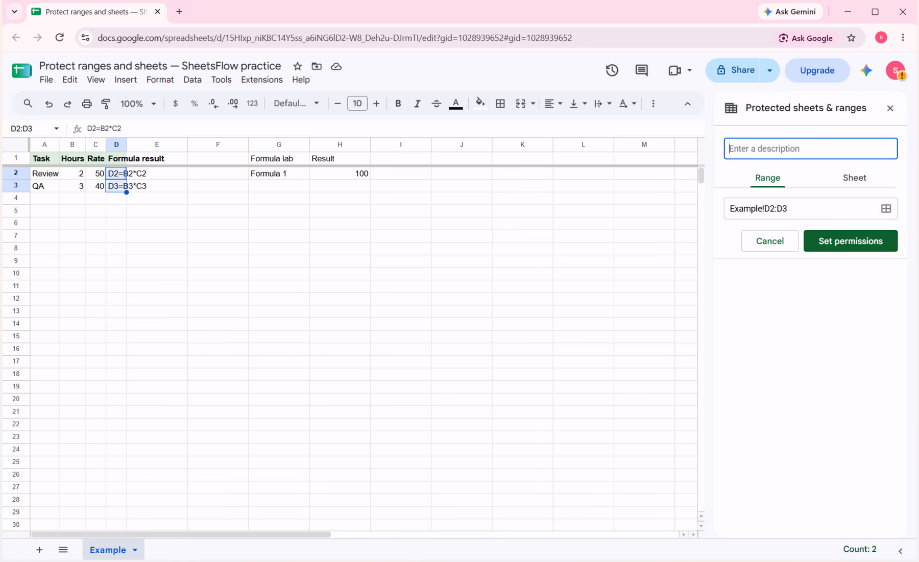 Protected sheets and ranges sidebar in Google Sheets configured for range D2:D3.