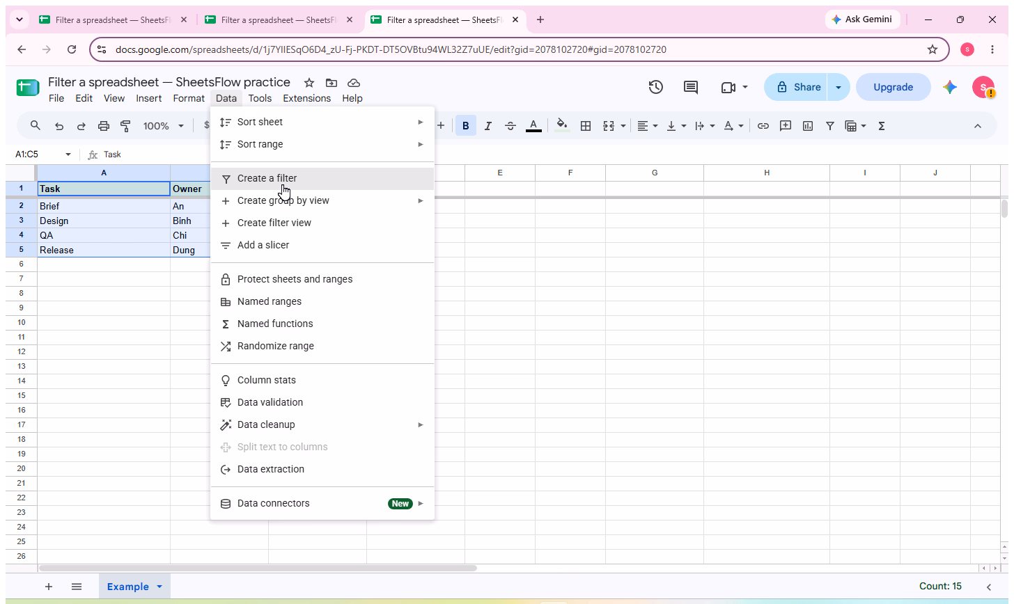 Google Sheets Data menu open with A1:C5 still selected and the pointer directly on Create a filter.