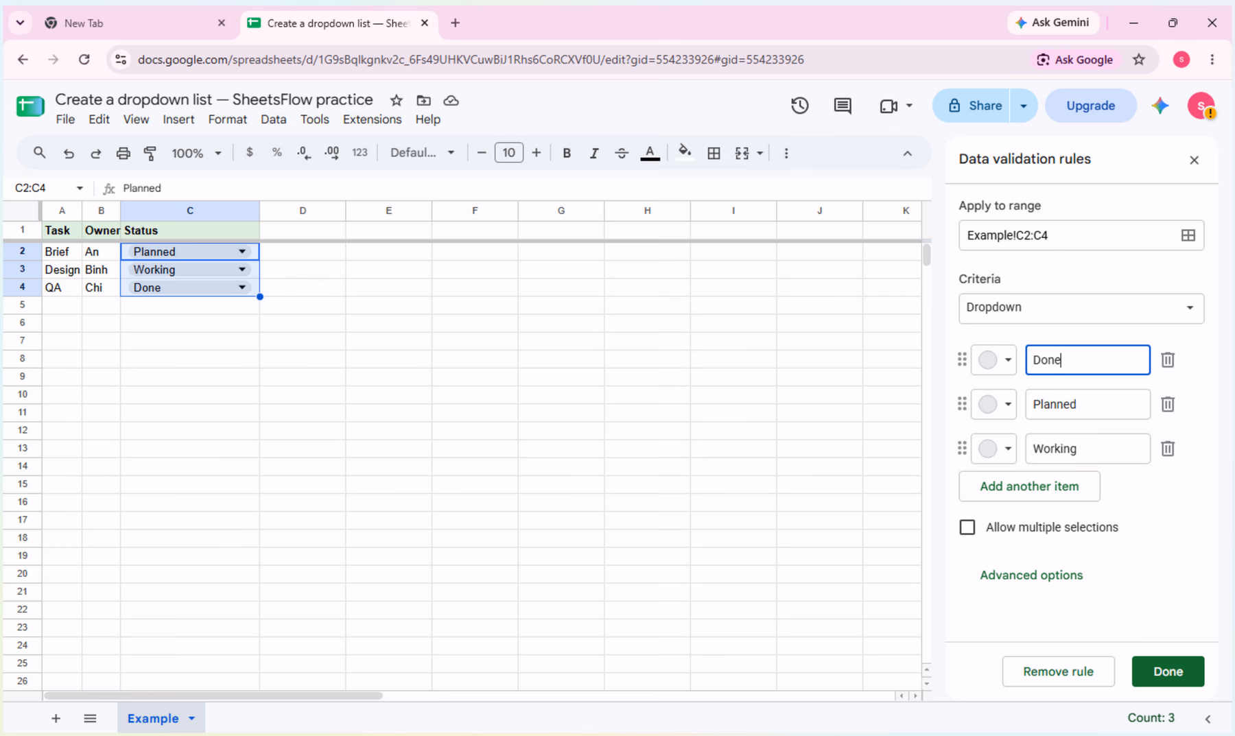 Google Sheets dropdown rule editor configured for C2:C4.