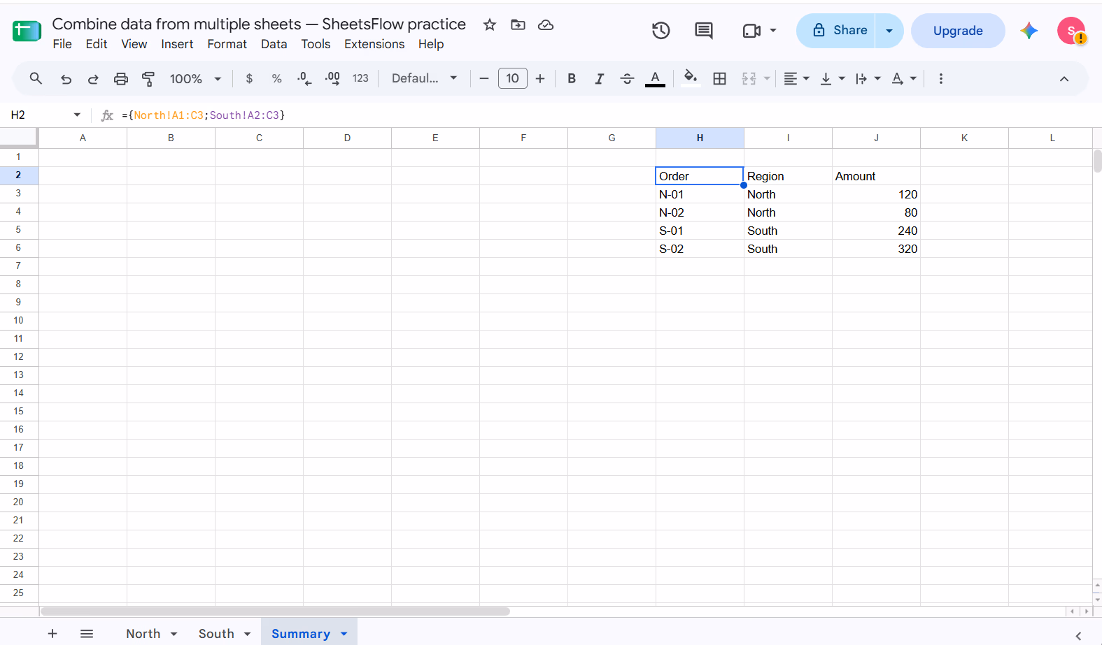 Tab Summary trong Google Sheets hiển thị vùng kết quả H2:J6 sau khi công thức ghép dữ liệu từ North và South được tính.