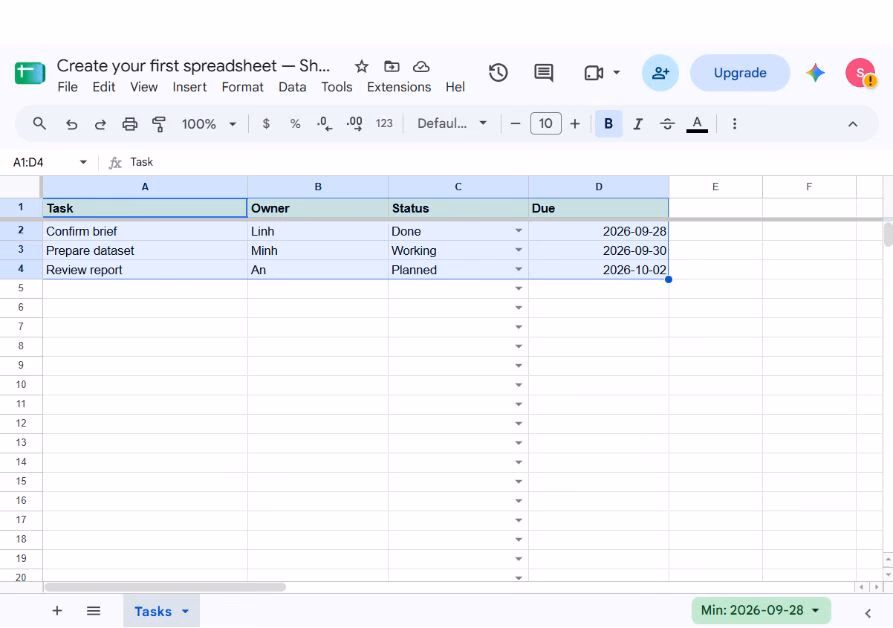 Tasks range A1:D4 selected in Google Sheets with Task, Owner, Status and Due columns and three sample rows.