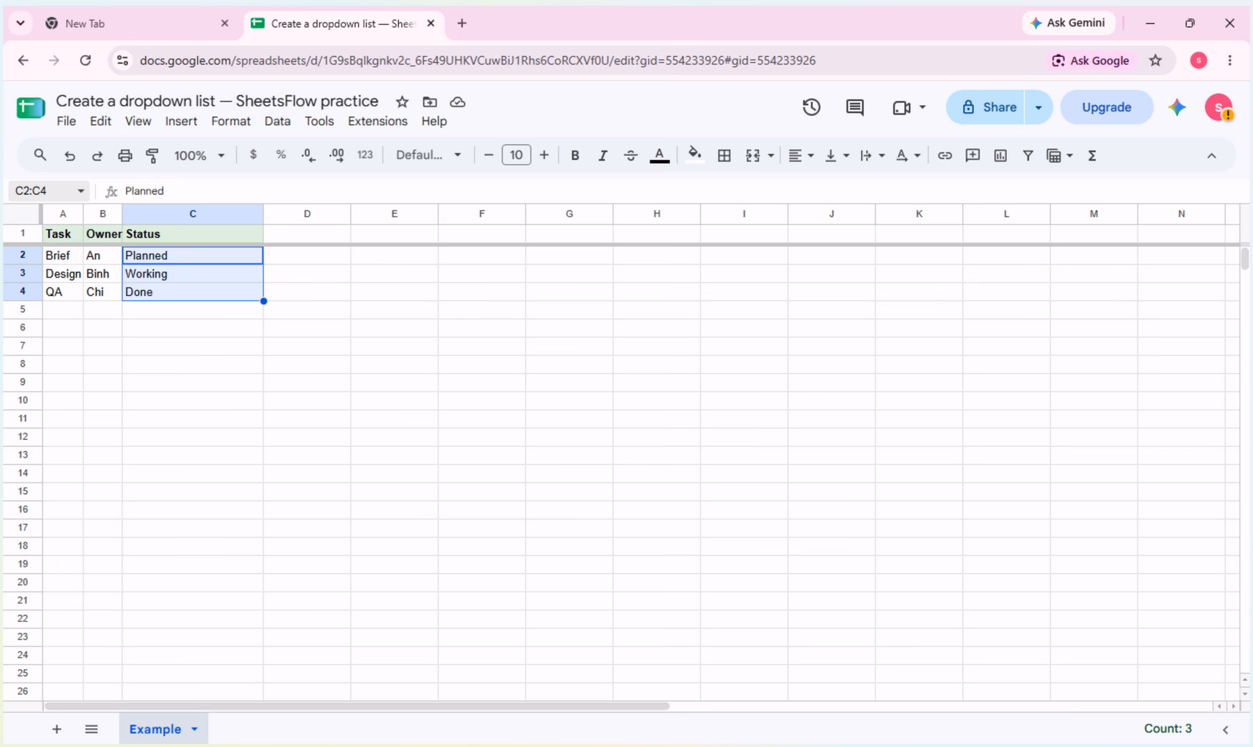 Google Sheets with C2:C4 selected while the complete table stays visible.