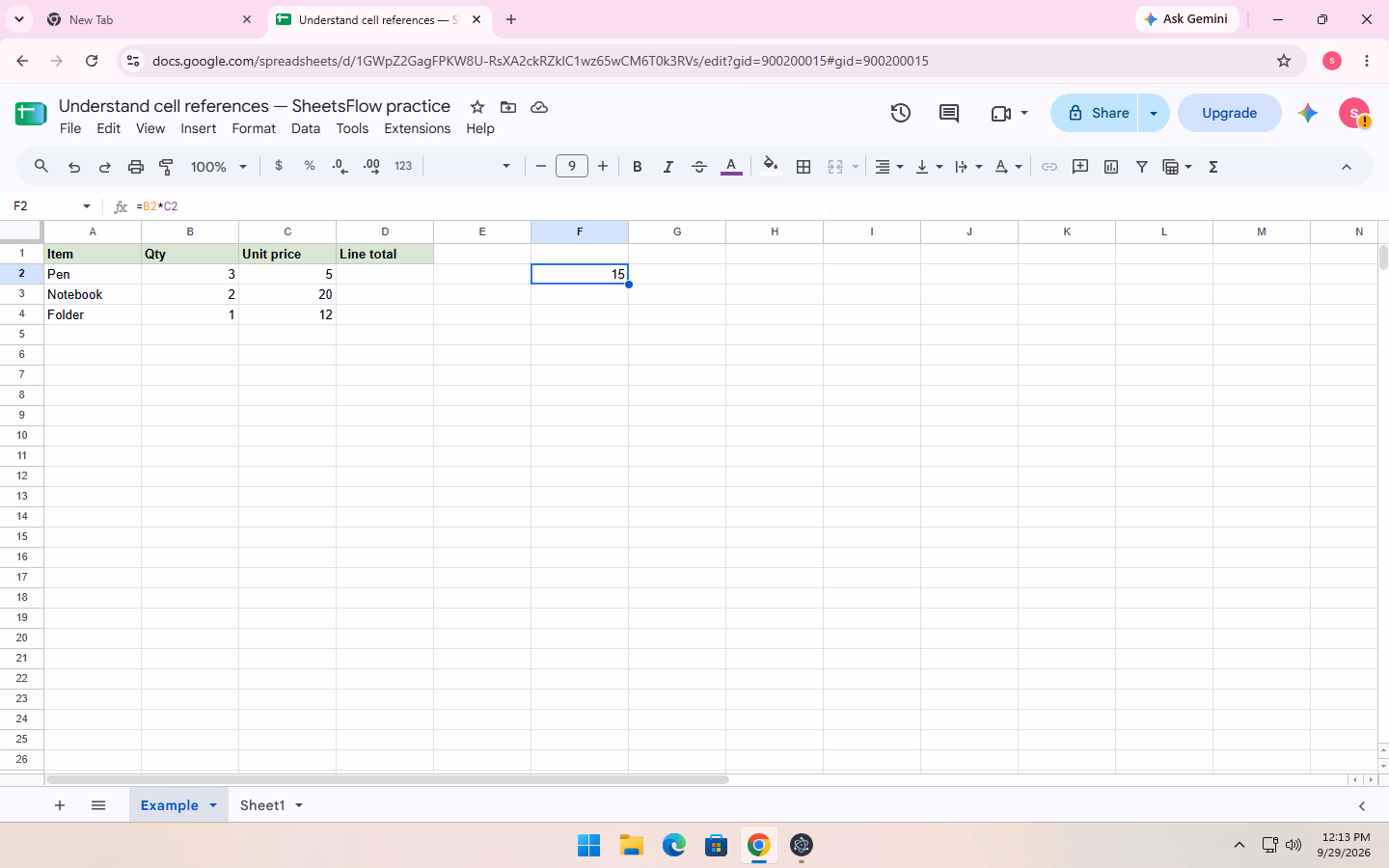 Google Sheets action screenshot for Understand cell references: formula 01.