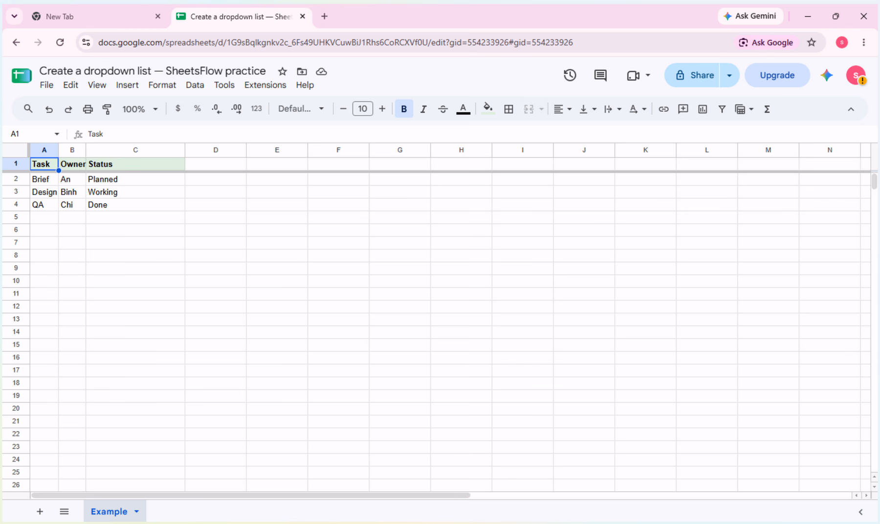Google Sheets showing the complete A1:C4 task table before a dropdown rule is added.