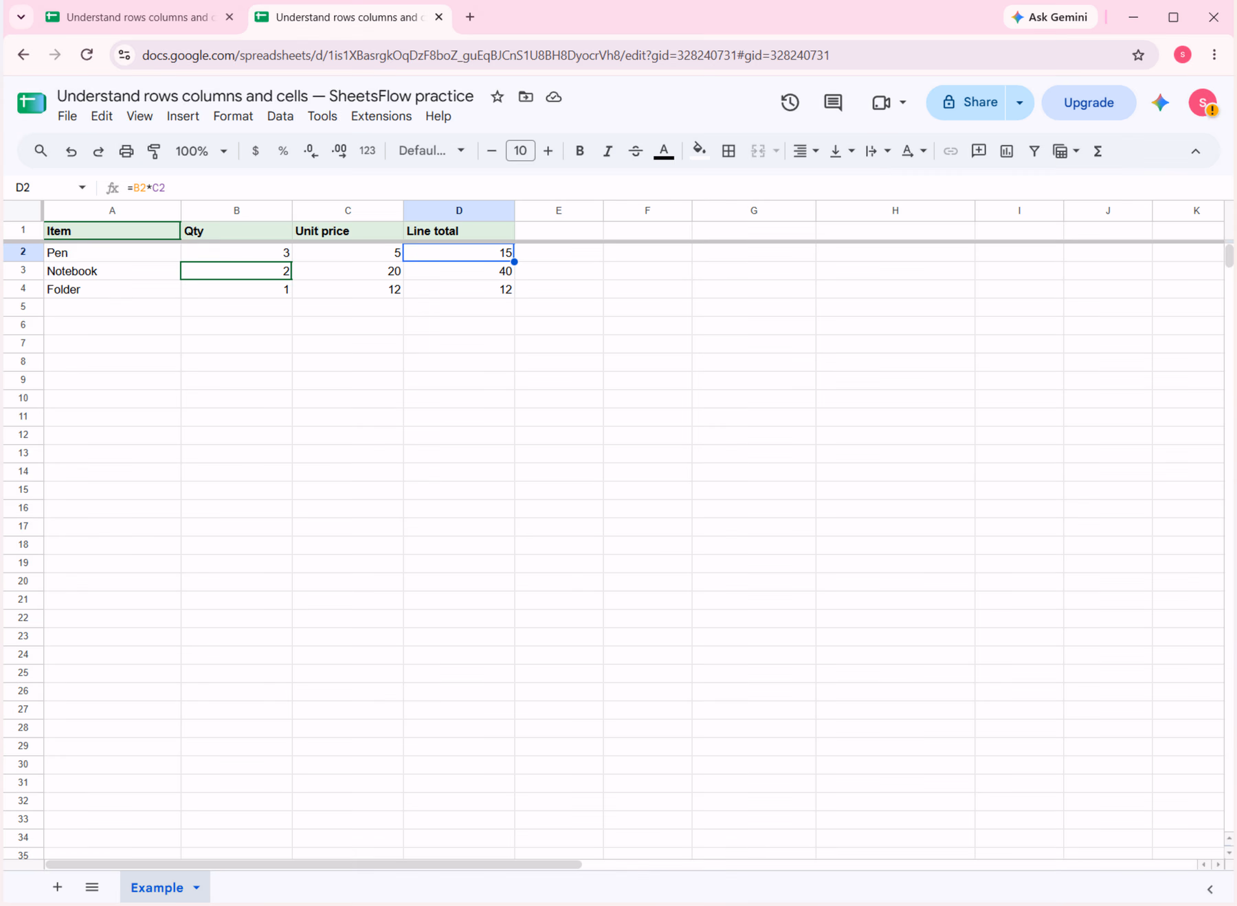 Selected result cell D2 shows 15 while the formula bar displays =B2*C2 in Google Sheets.