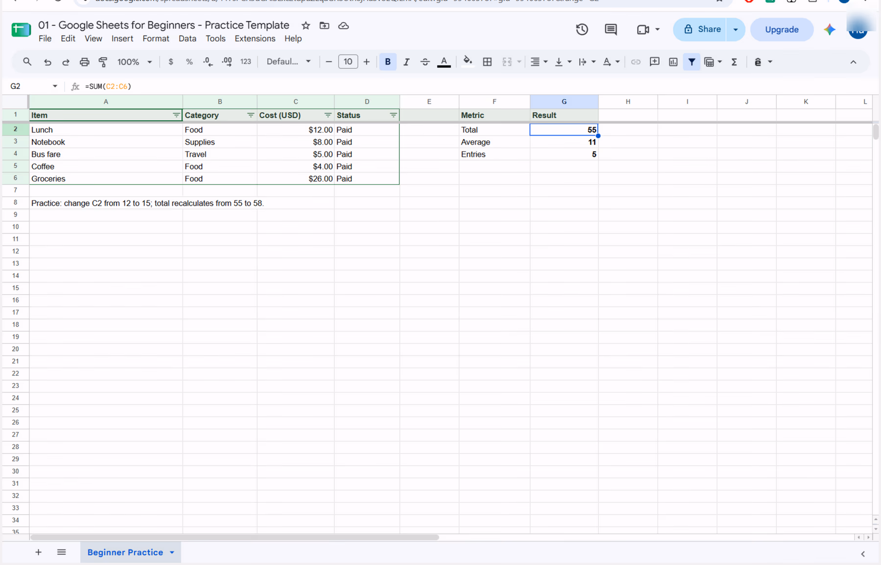 Full Google Sheets interface with cell G2 selected, =SUM(C2:C6) in the formula bar, source values and calculated result 55.