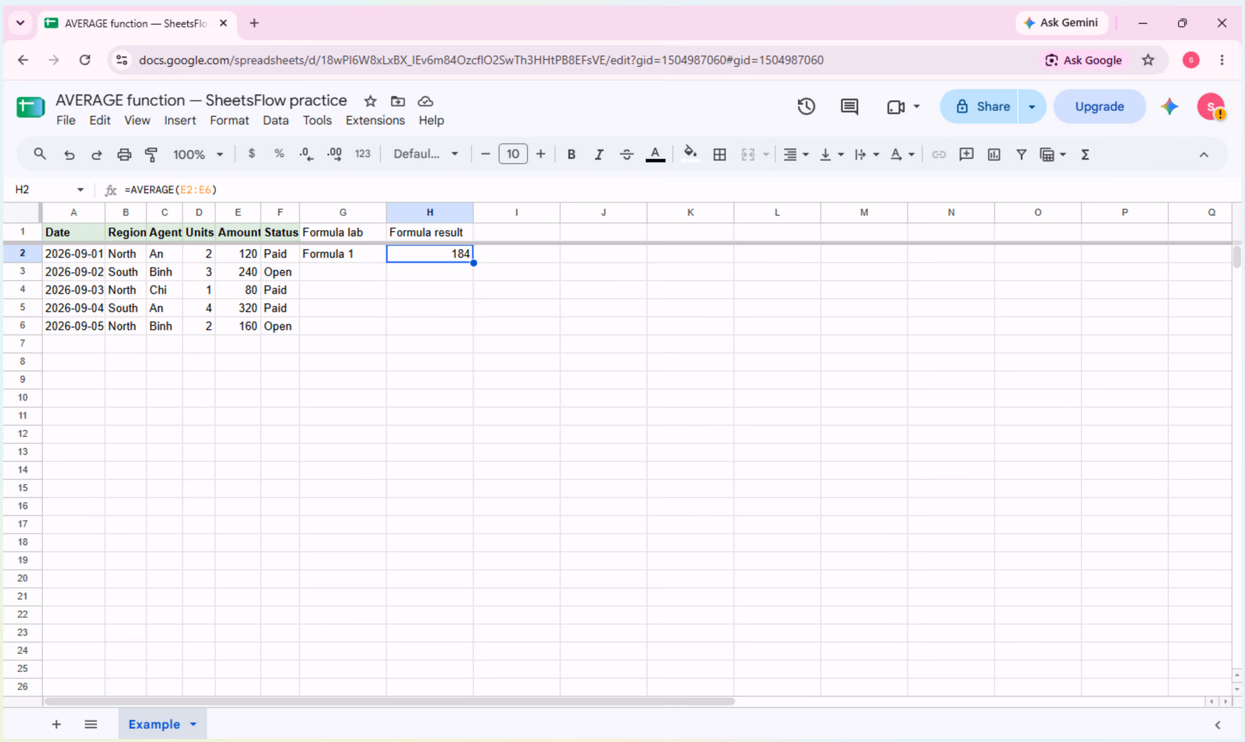 Google Sheets with H2 selected, the name box showing H2, the formula bar showing =AVERAGE(E2:E6), the result 184 visible in H2, and the complete source table A1:F6 visible in the same frame.