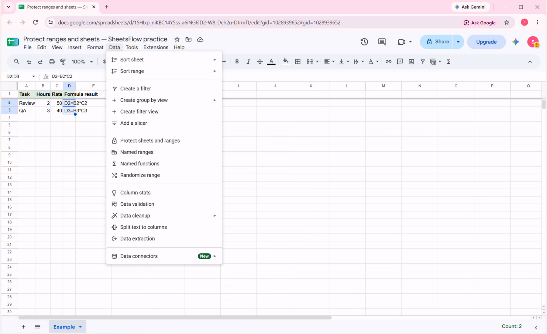 Google Sheets Data menu with Protect sheets and ranges visible while preparing to protect D2:D3.