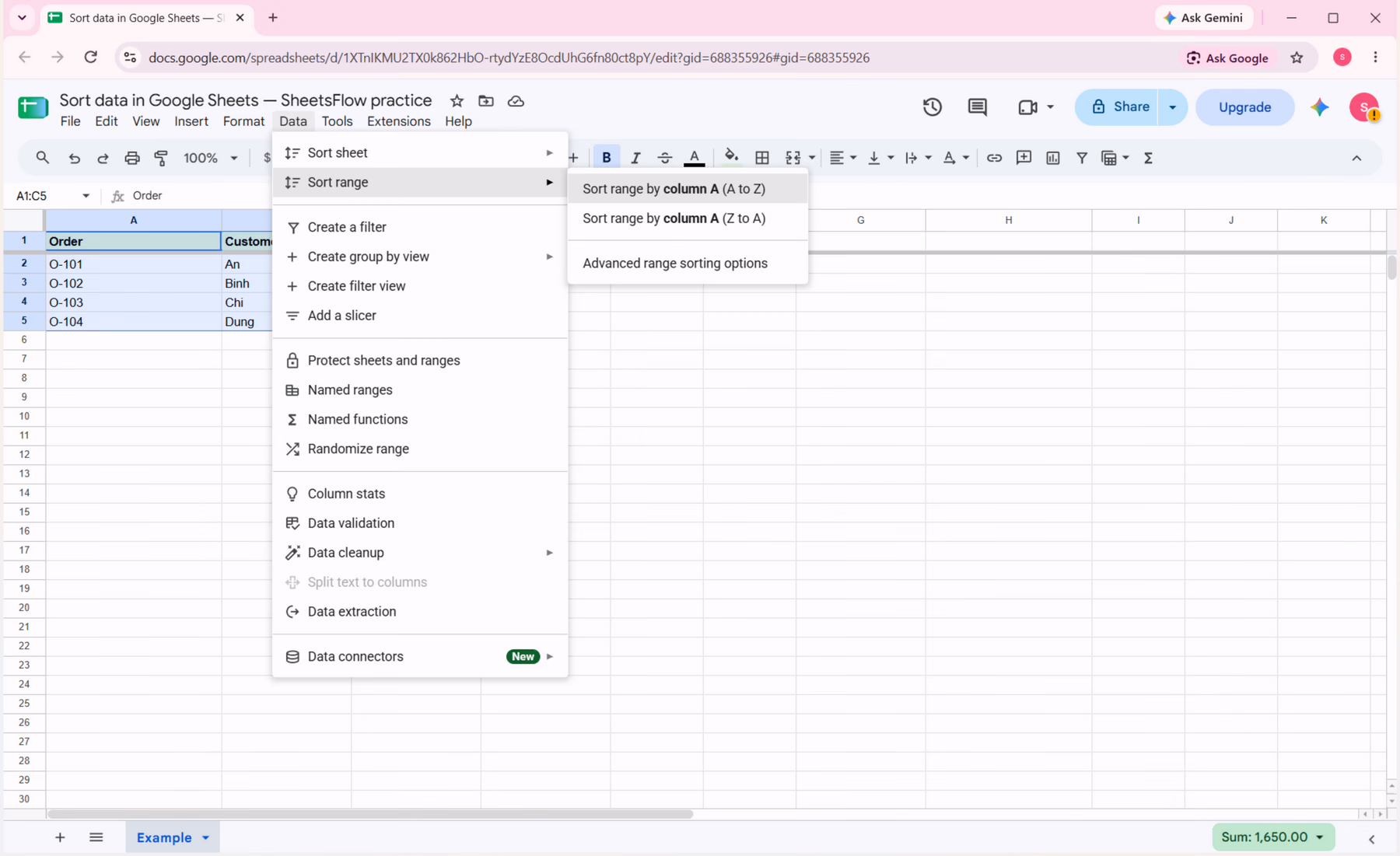 Google Sheets Data menu with Sort range expanded and Advanced range sorting options visible.