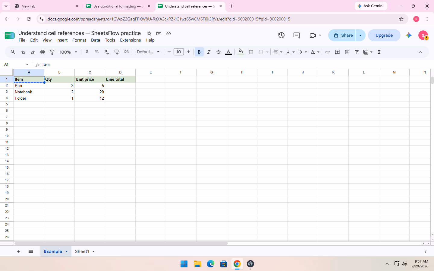 Initial Google Sheets dataset for Understand cell references, with the complete source data visible before the action.